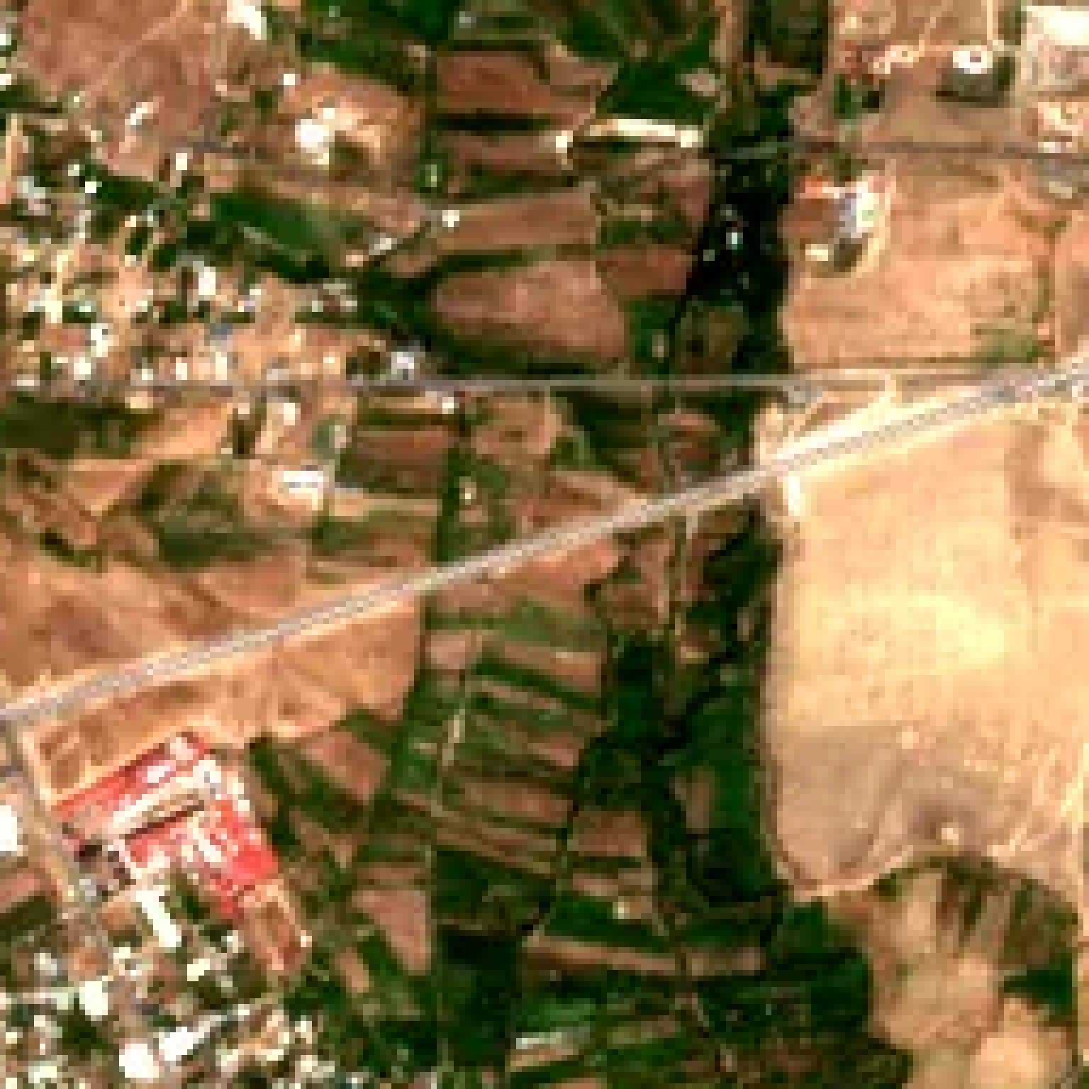Supplied Aragats satellite image showing a broad pale route crossing agricultural fields.