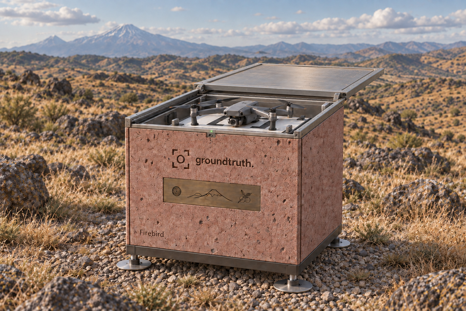 GroundTruth concept: a rose-tuff drone station with Armenian-inspired engraving in a highland landscape.