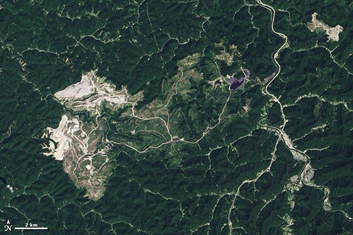 NASA Landsat image of the Hobet mine, with exposed excavations surrounded by forest.